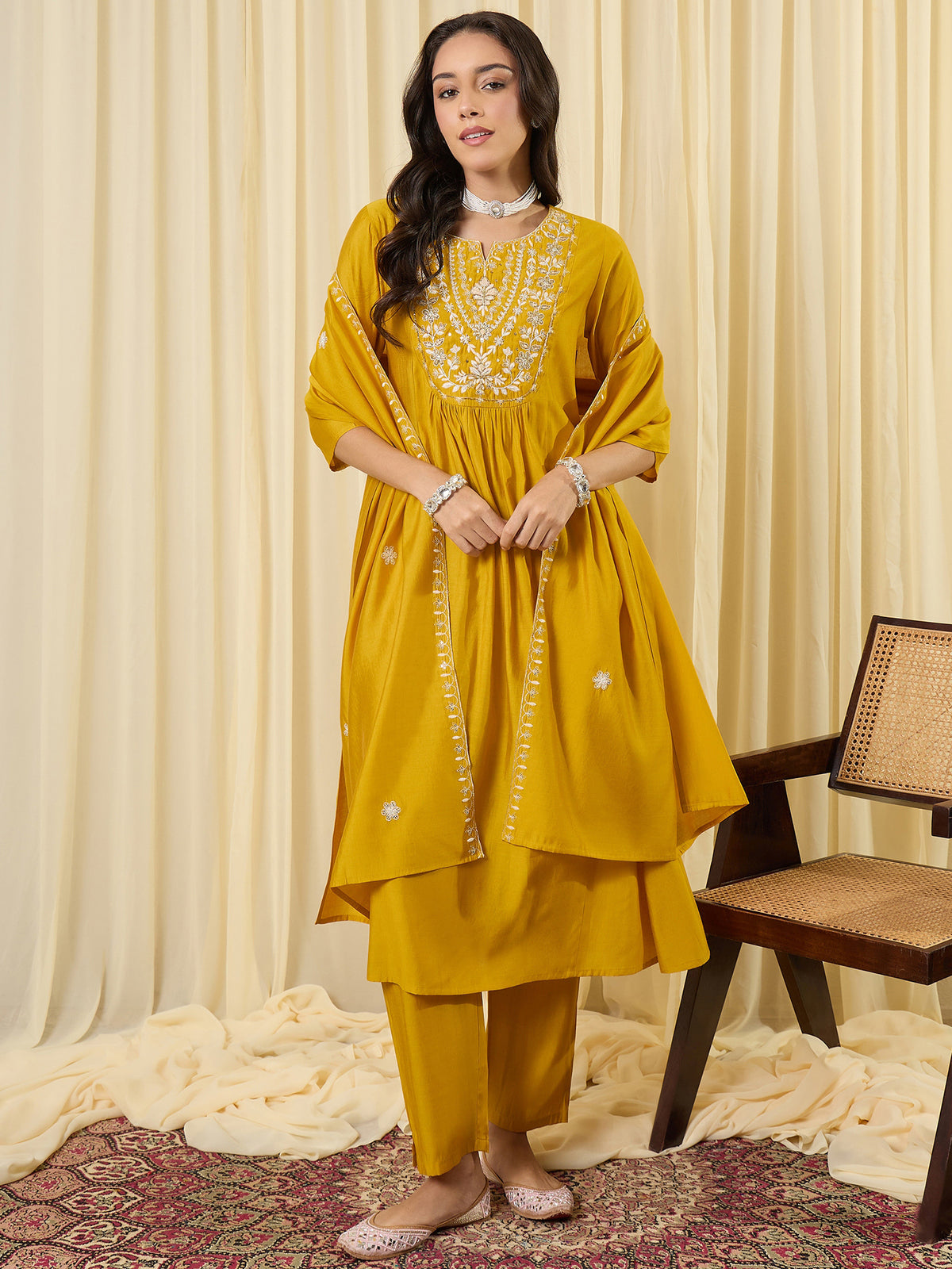 Yellow Embroidered A-Line Kurta Trousers With Dupatta Set