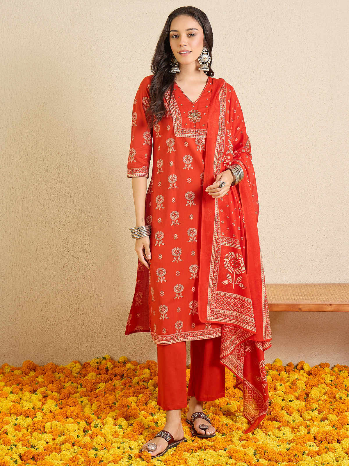 Rust Printed Straight Kurta Trousers With Dupatta Set
