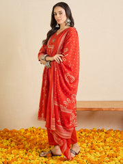 Rust Printed Straight Kurta Trousers With Dupatta Set