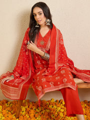 Rust Printed Straight Kurta Trousers With Dupatta Set