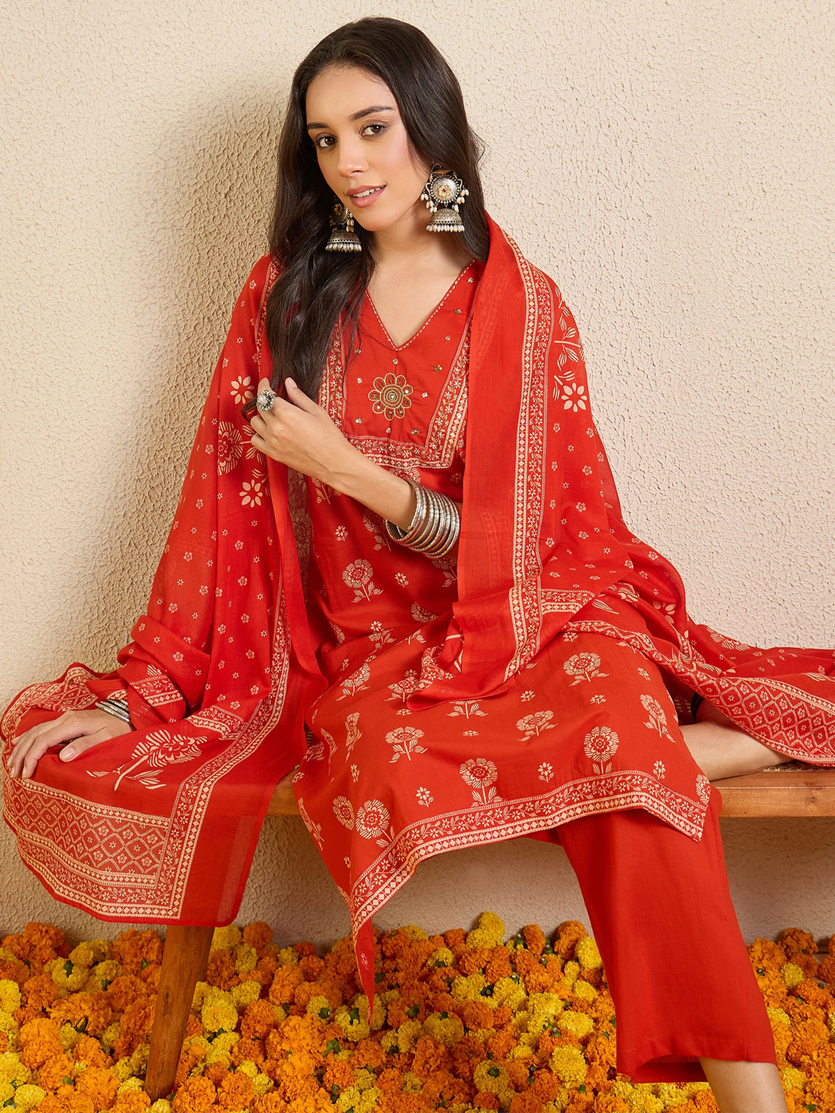Rust Printed Straight Kurta Trousers With Dupatta Set