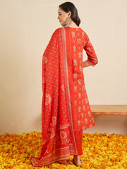 Rust Printed Straight Kurta Trousers With Dupatta Set