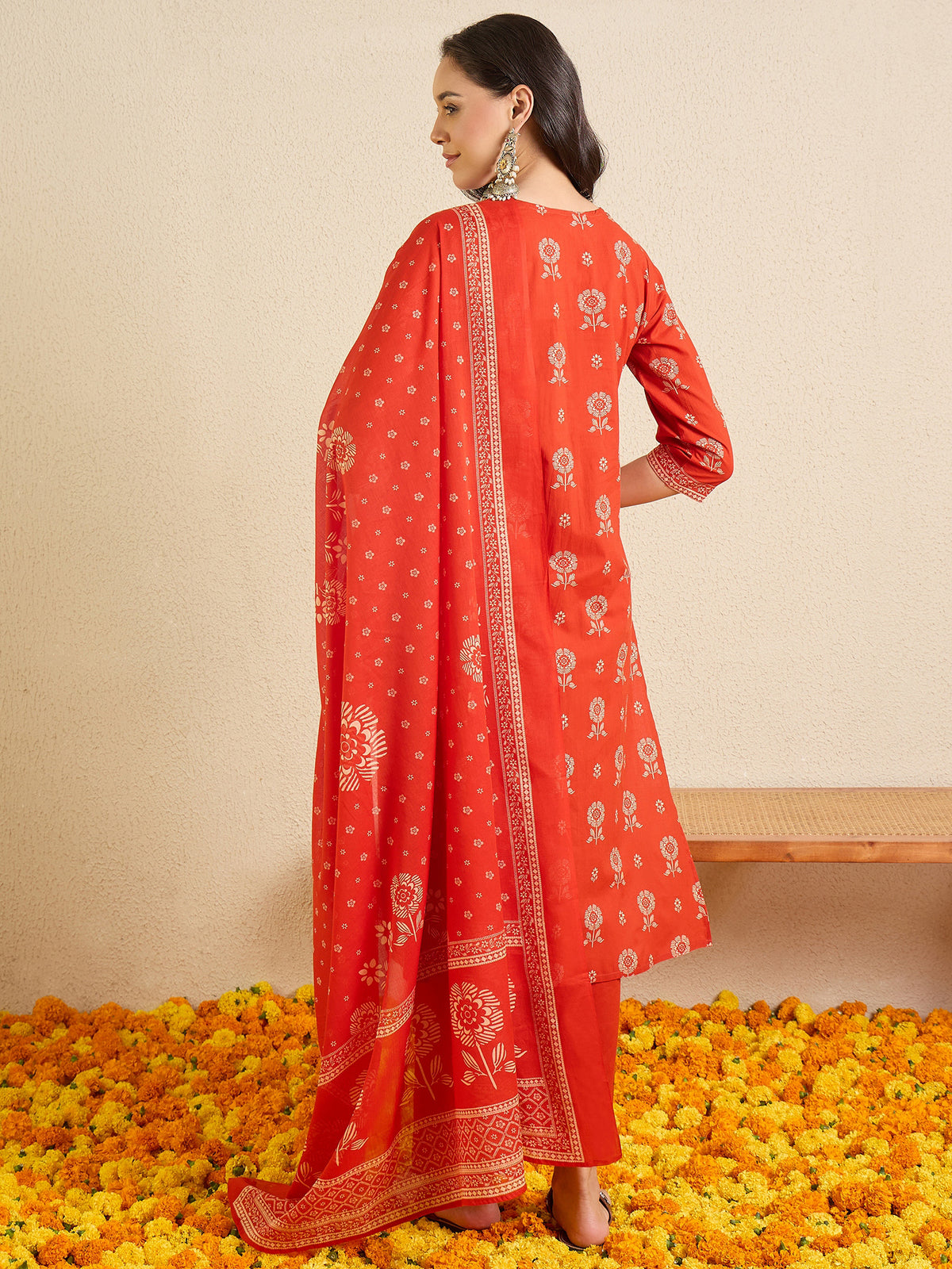Rust Printed Straight Kurta Trousers With Dupatta Set