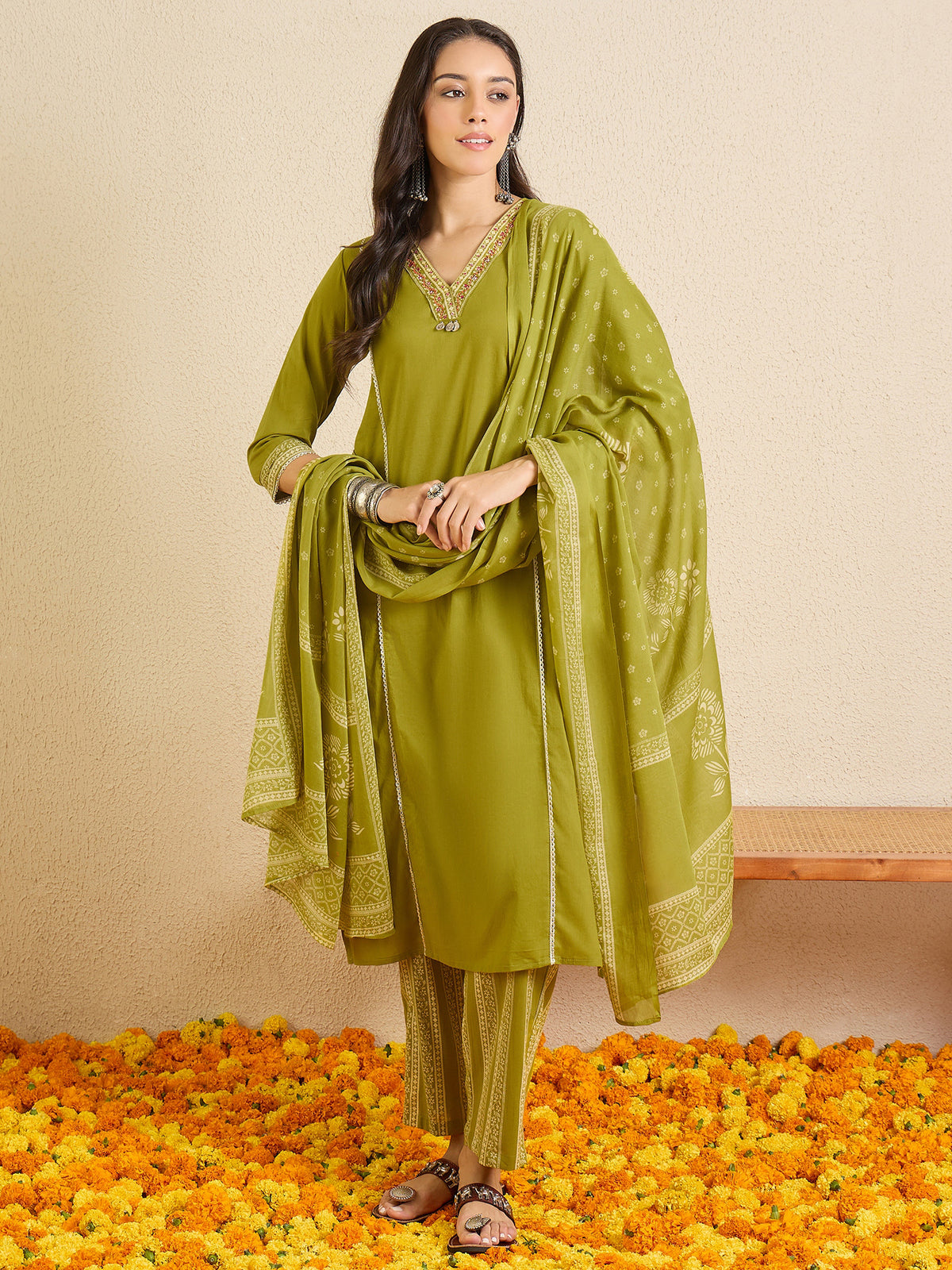 Green Printed A-Line Kurta Palazzos With Dupatta Set