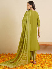 Green Printed A-Line Kurta Palazzos With Dupatta Set