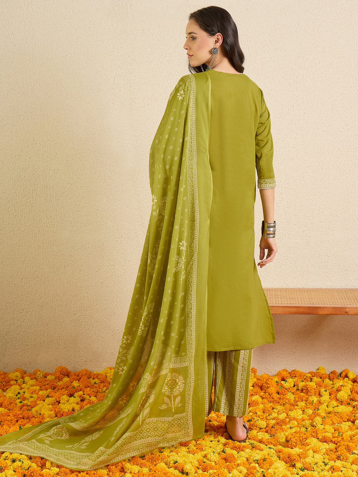 Green Printed A-Line Kurta Palazzos With Dupatta Set