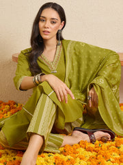 Green Printed A-Line Kurta Palazzos With Dupatta Set