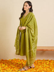 Green Printed A-Line Kurta Palazzos With Dupatta Set
