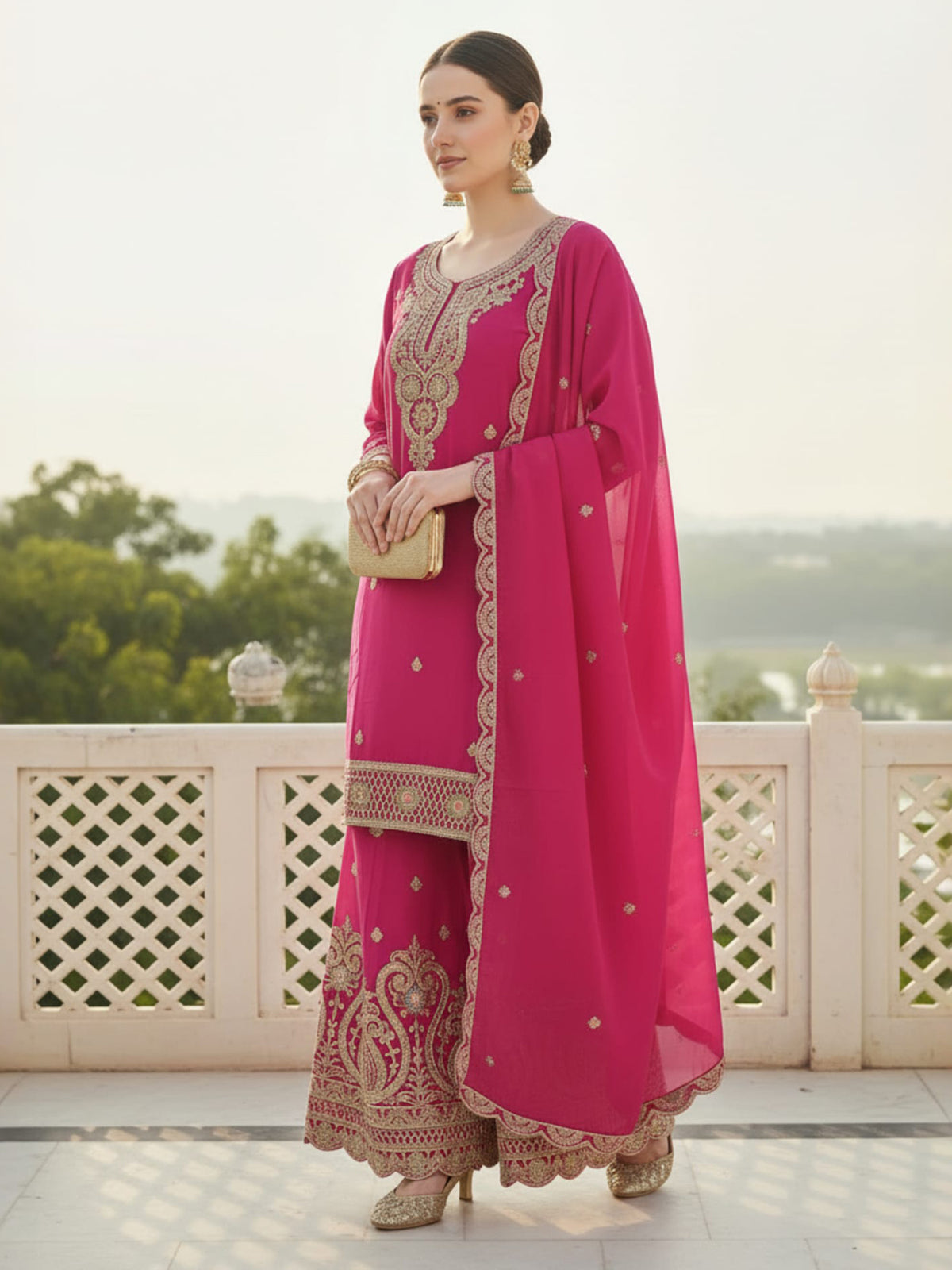 Pink Embroidered Straight Kurta Palazzos With Dupatta Set