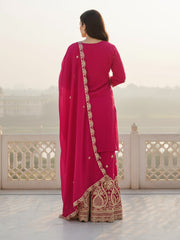Pink Embroidered Straight Kurta Palazzos With Dupatta Set