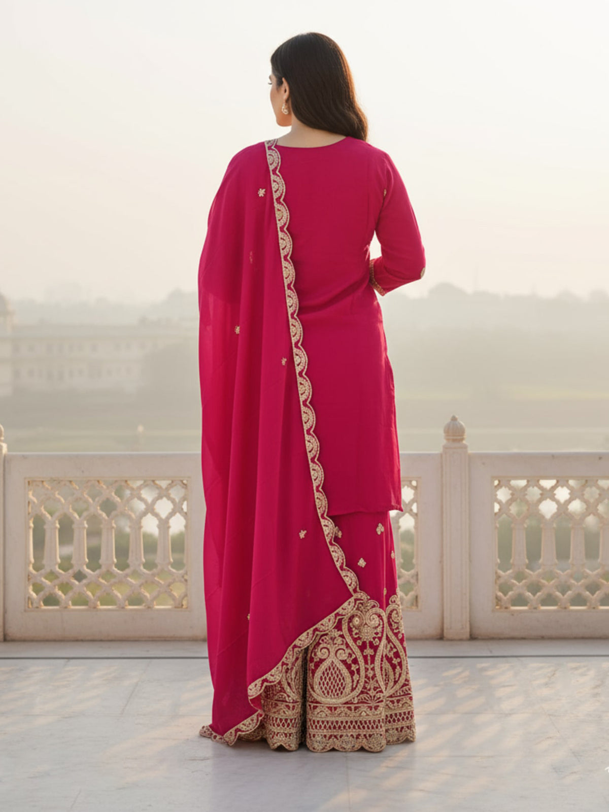 Pink Embroidered Straight Kurta Palazzos With Dupatta Set