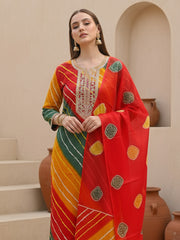 Multi Printed Straight Kurta Trousers With Dupatta Set