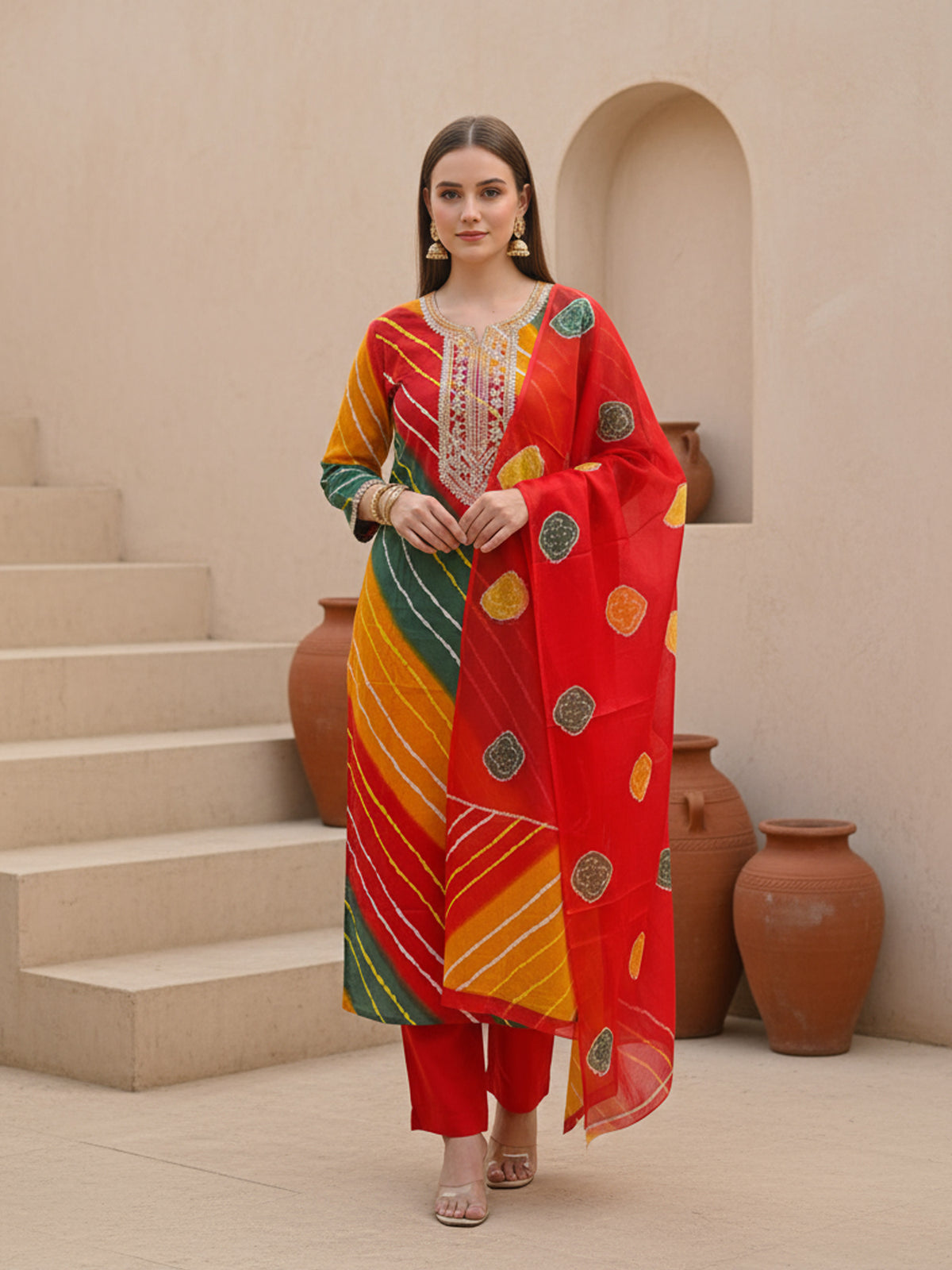 Multi Printed Straight Kurta Trousers With Dupatta Set