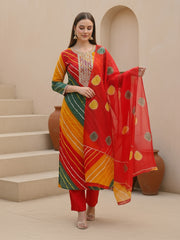 Multi Printed Straight Kurta Trousers With Dupatta Set