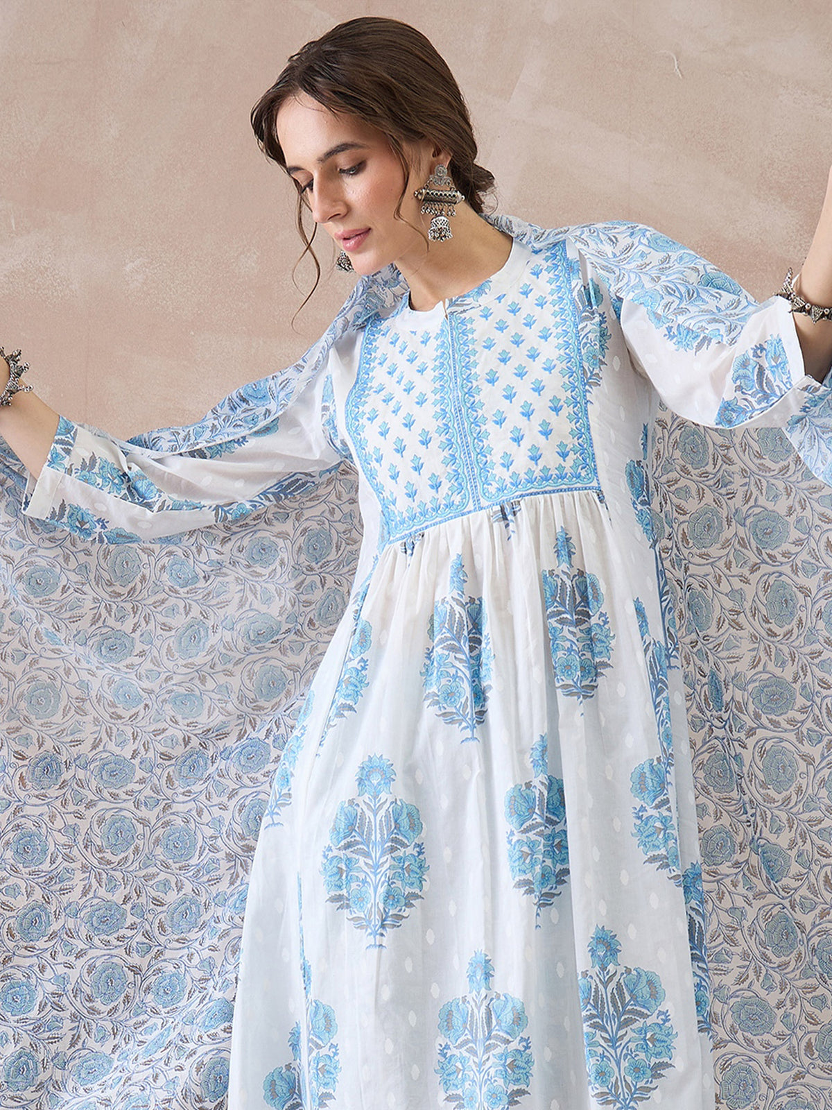 White Printed A-Line Kurta Palazzos With Dupatta Set