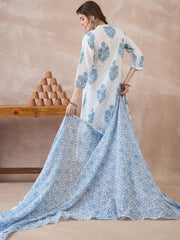 White Printed A-Line Kurta Palazzos With Dupatta Set