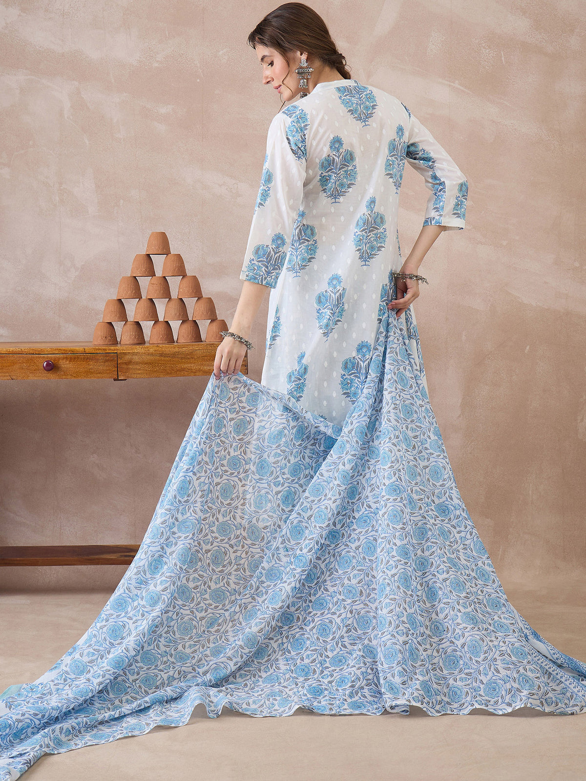 White Printed A-Line Kurta Palazzos With Dupatta Set