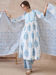 White Printed A-Line Kurta Palazzos With Dupatta Set
