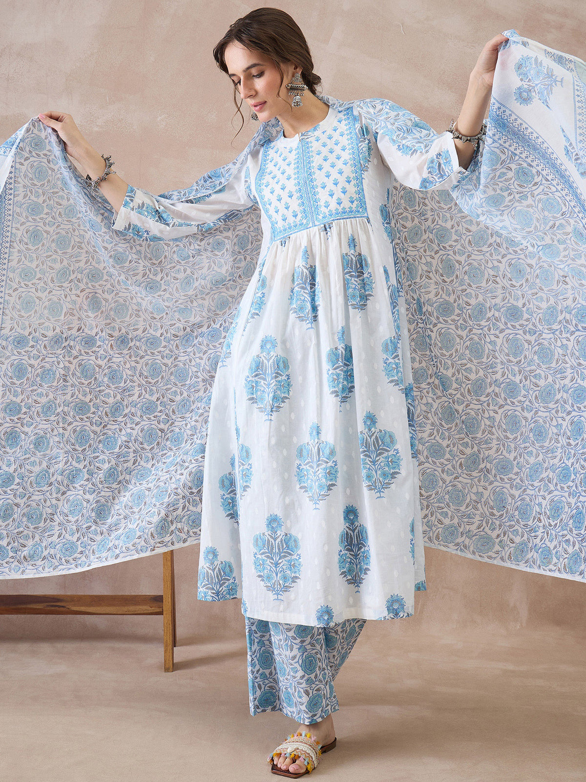 White Printed A-Line Kurta Palazzos With Dupatta Set