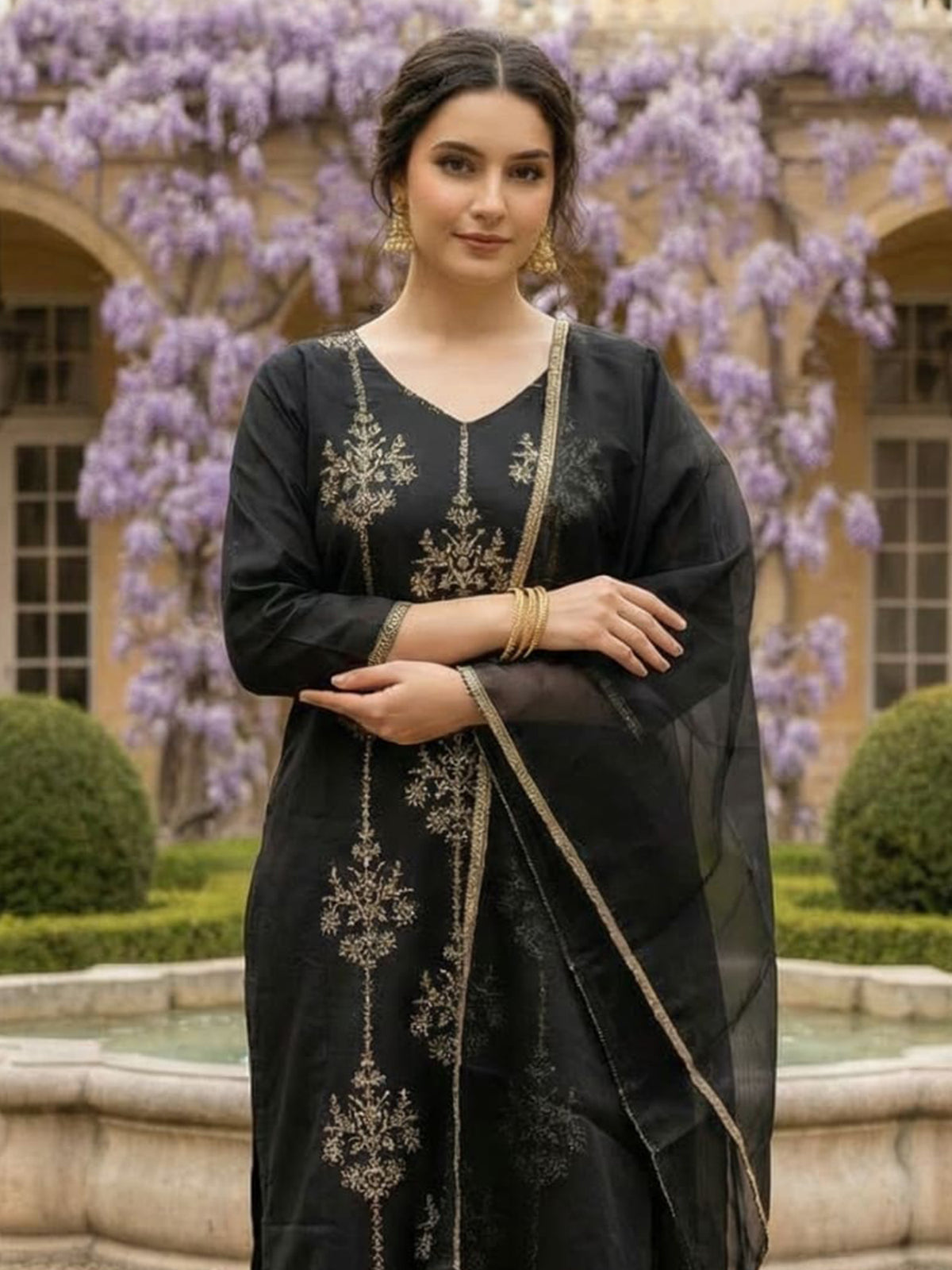 Black Embroidered Straight Kurta Trousers With Dupatta Set