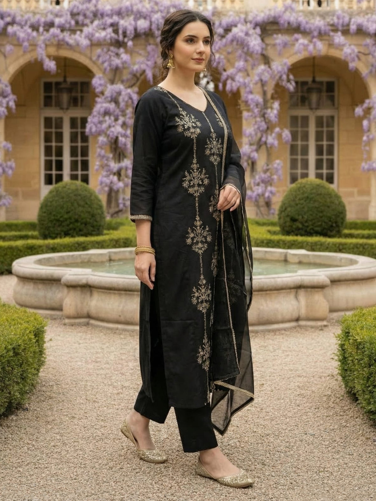 Black Embroidered Straight Kurta Trousers With Dupatta Set