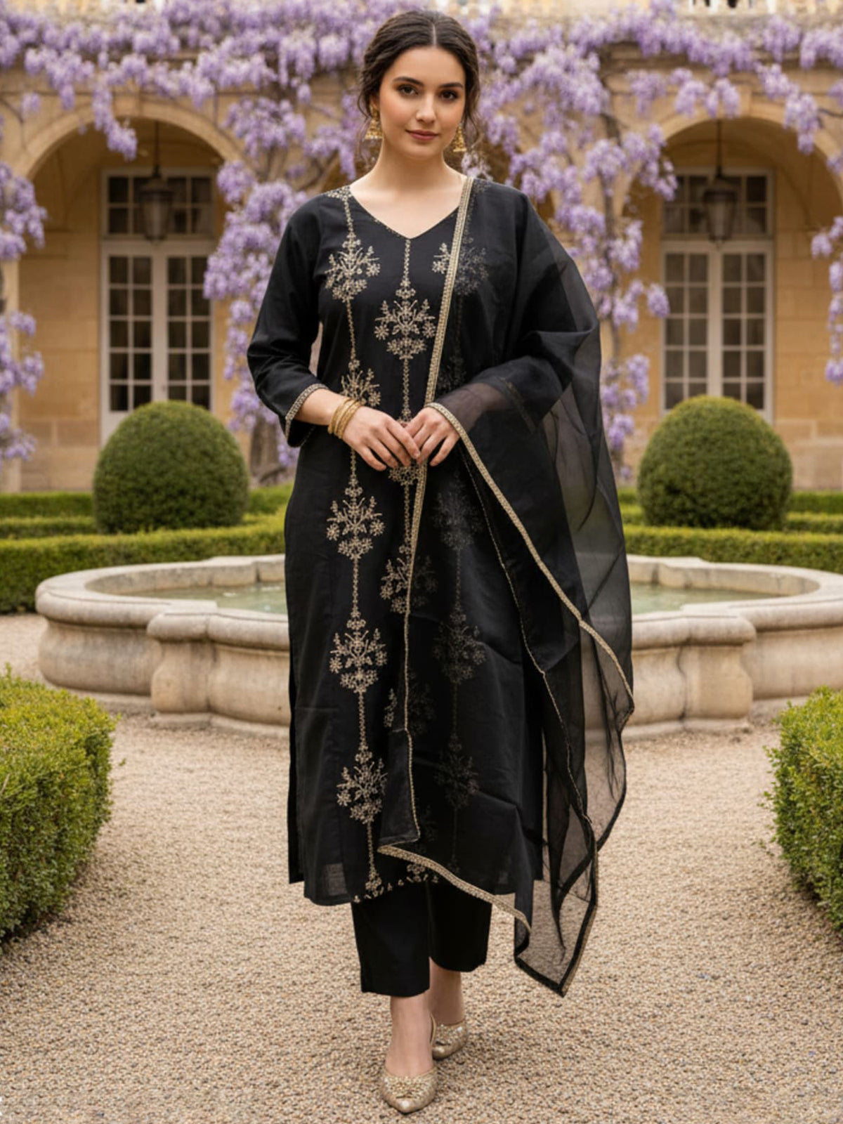 Black Embroidered Straight Kurta Trousers With Dupatta Set
