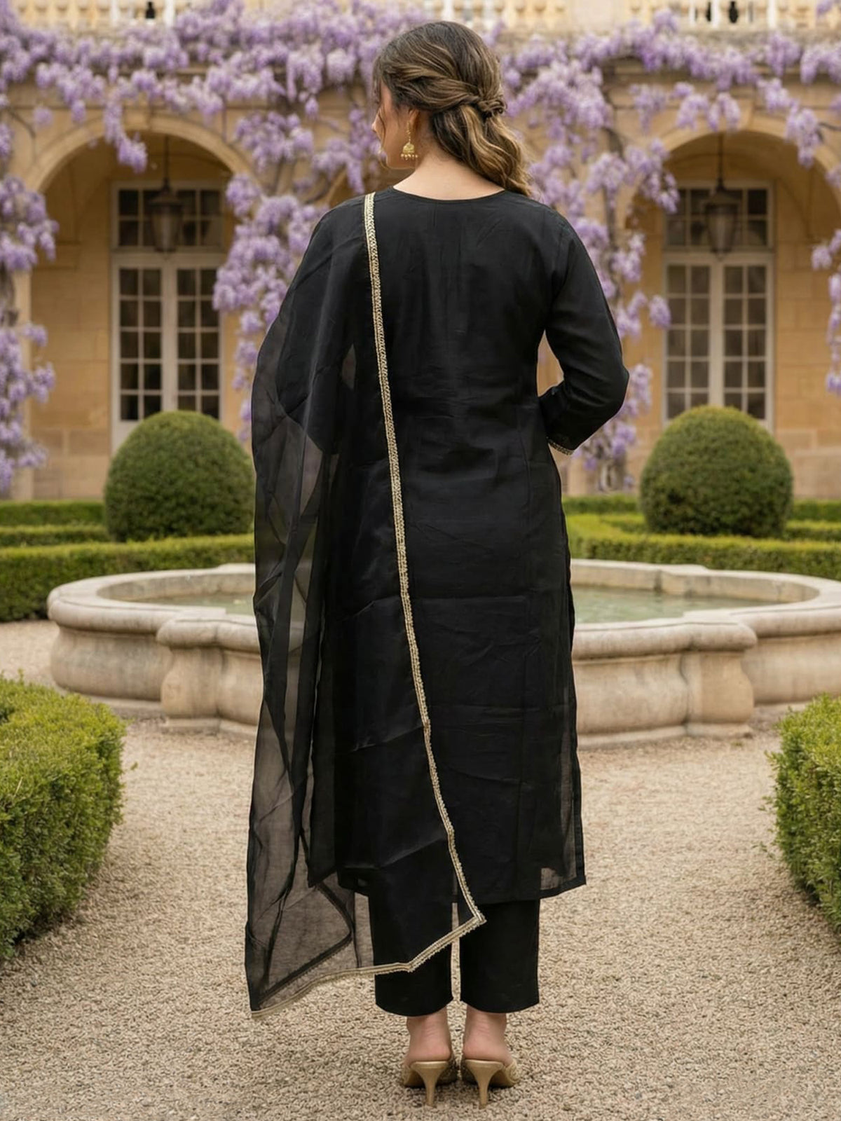 Black Embroidered Straight Kurta Trousers With Dupatta Set