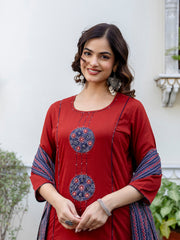 Rust Printed A-Line Kurta Palazzos With Dupatta Set
