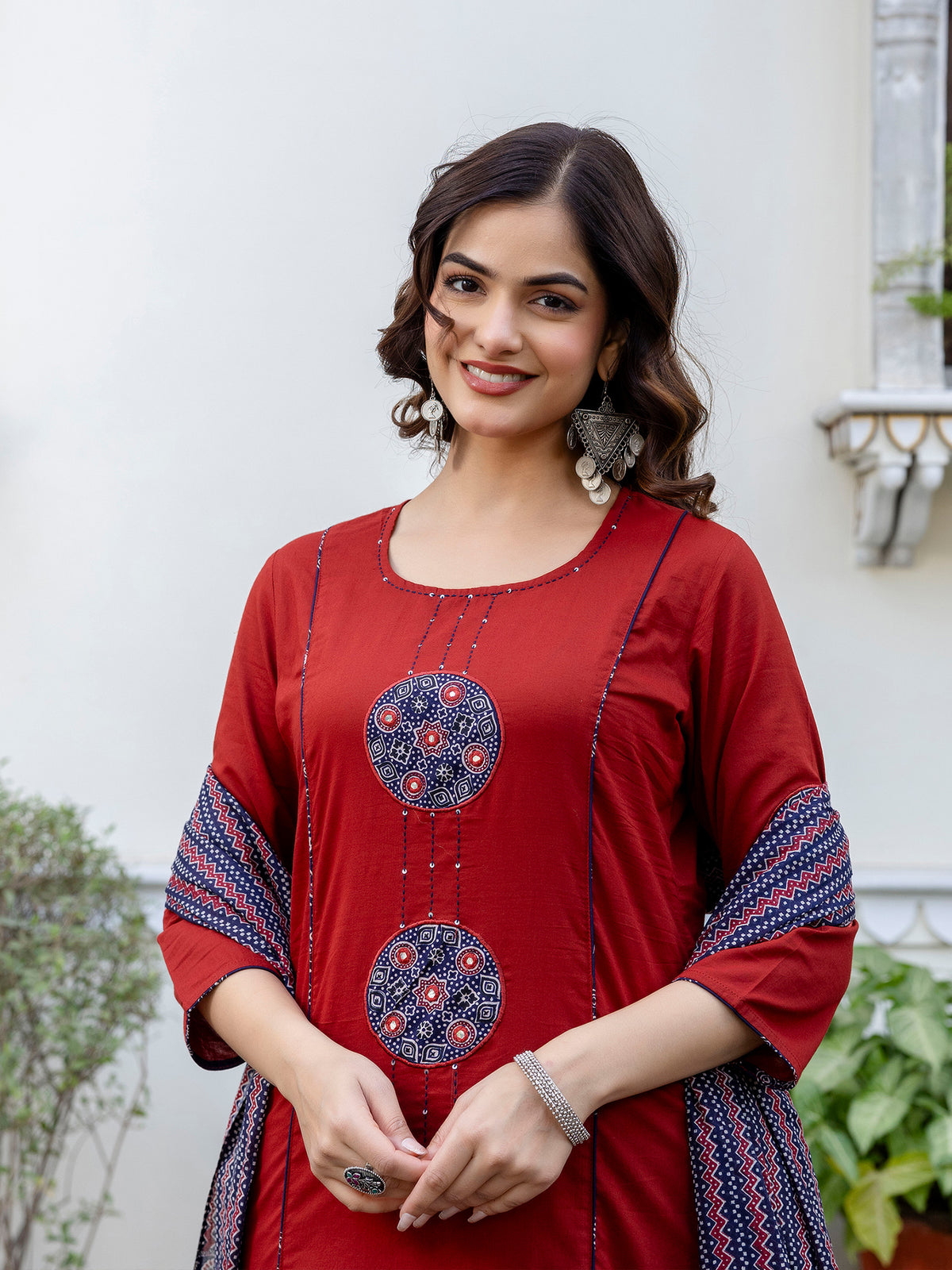 Rust Printed A-Line Kurta Palazzos With Dupatta Set
