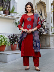 Rust Printed A-Line Kurta Palazzos With Dupatta Set