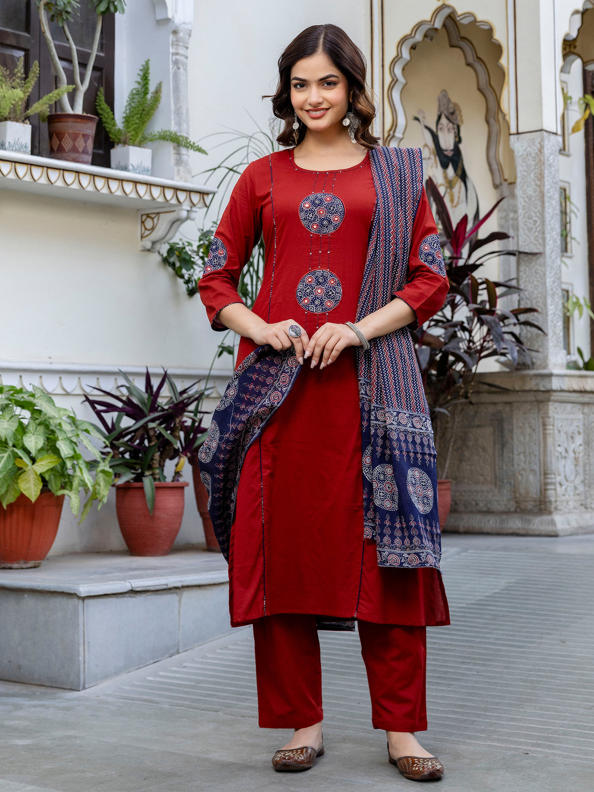 Rust Printed A-Line Kurta Palazzos With Dupatta Set