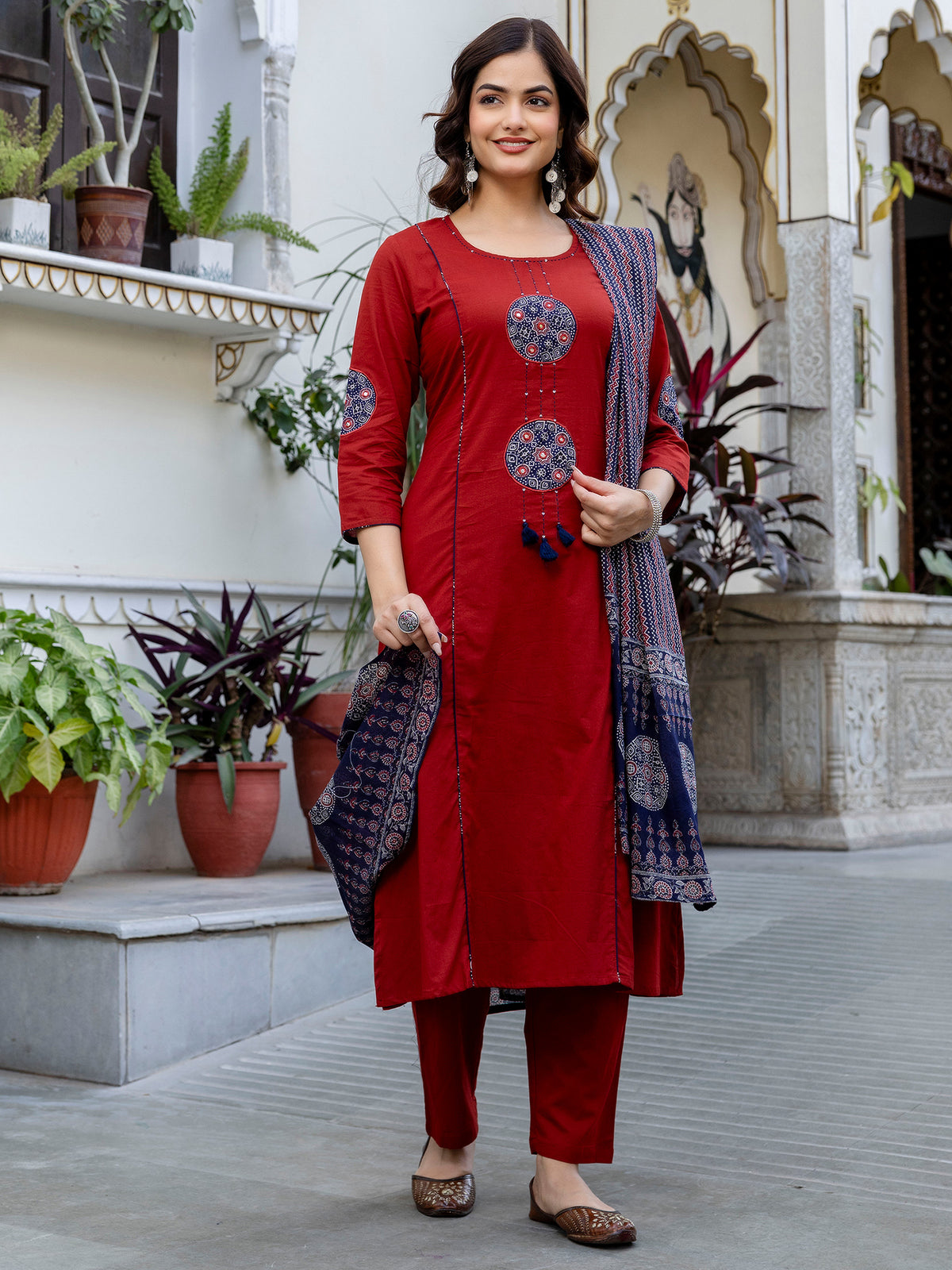 Rust Printed A-Line Kurta Palazzos With Dupatta Set