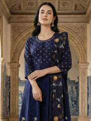 Blue Printed A-Line Kurta Trousers With Dupatta Set
