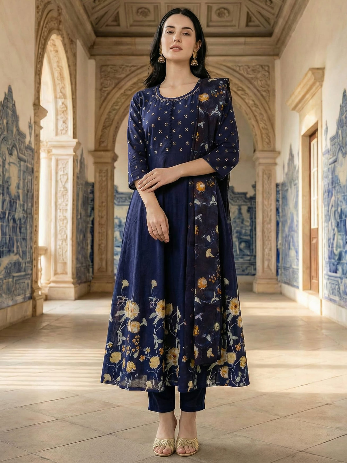 Blue Printed A-Line Kurta Trousers With Dupatta Set