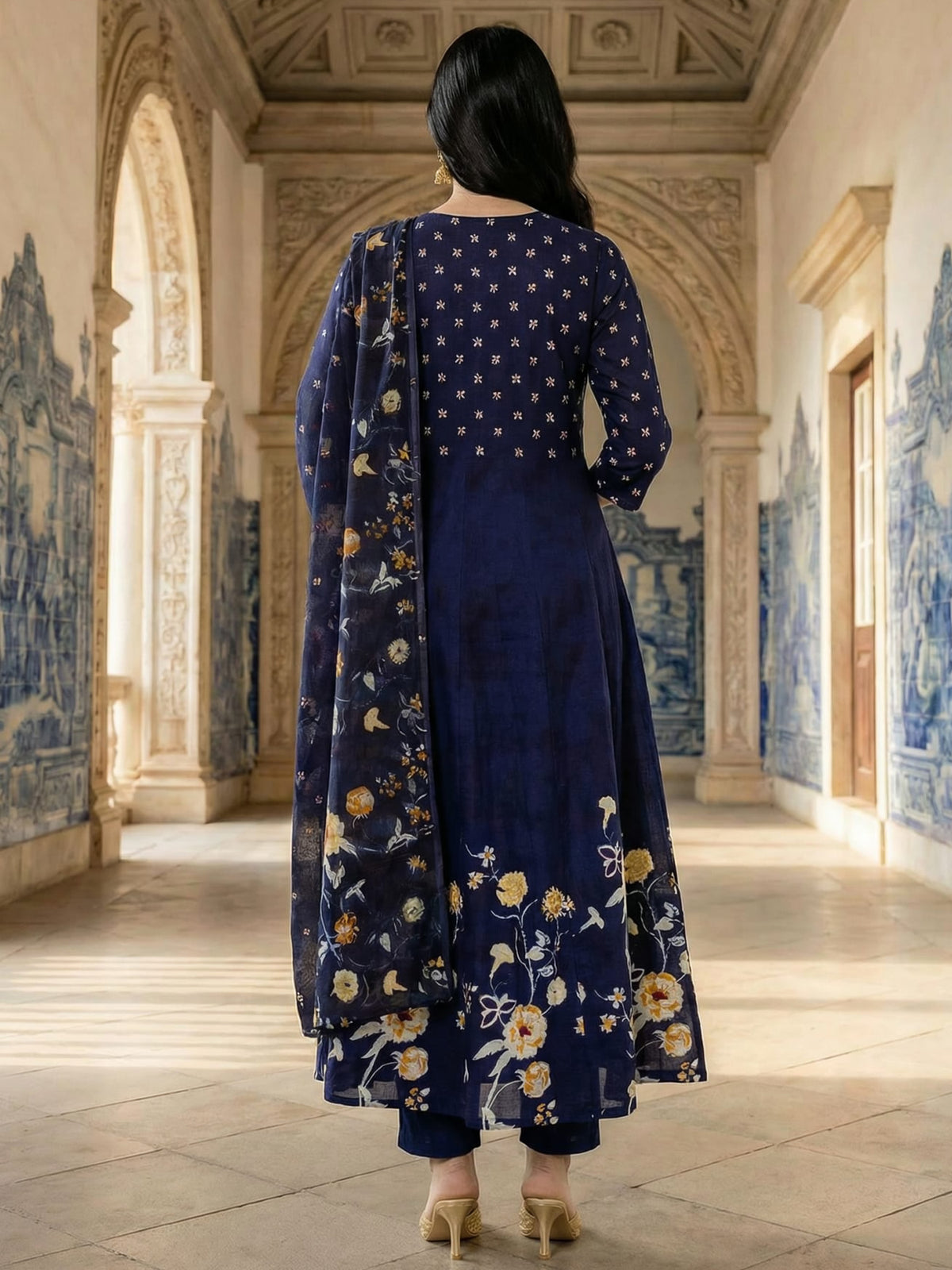 Blue Printed A-Line Kurta Trousers With Dupatta Set