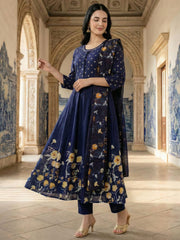 Blue Printed A-Line Kurta Trousers With Dupatta Set