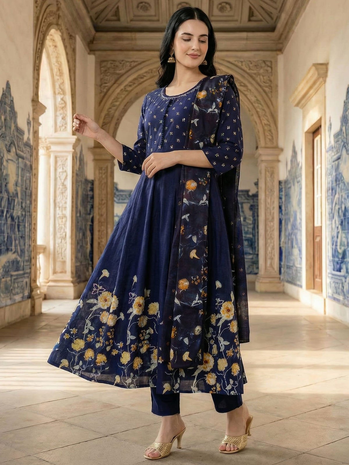Blue Printed A-Line Kurta Trousers With Dupatta Set