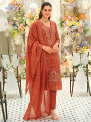 Rust Embroidered Straight Kurta Trousers With Dupatta Set