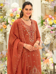 Rust Embroidered Straight Kurta Trousers With Dupatta Set