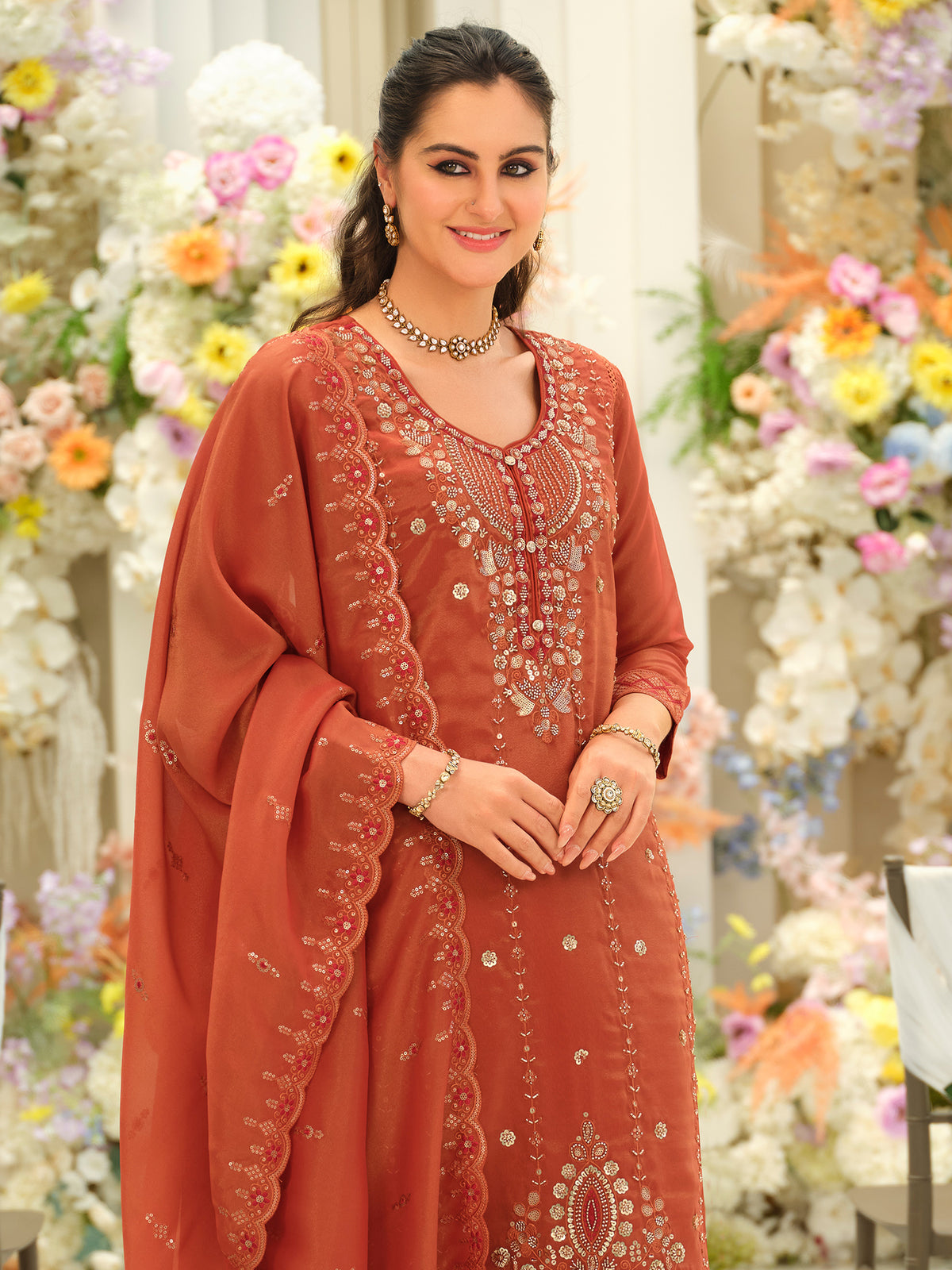 Rust Embroidered Straight Kurta Trousers With Dupatta Set