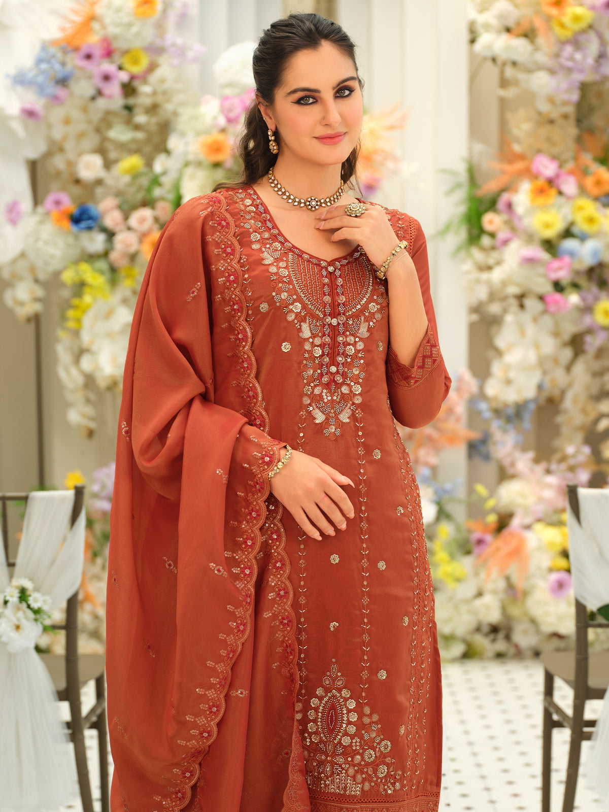 Rust Embroidered Straight Kurta Trousers With Dupatta Set