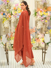Rust Embroidered Straight Kurta Trousers With Dupatta Set