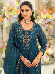 Teal Embroidered Straight Kurta Trousers With Dupatta Set