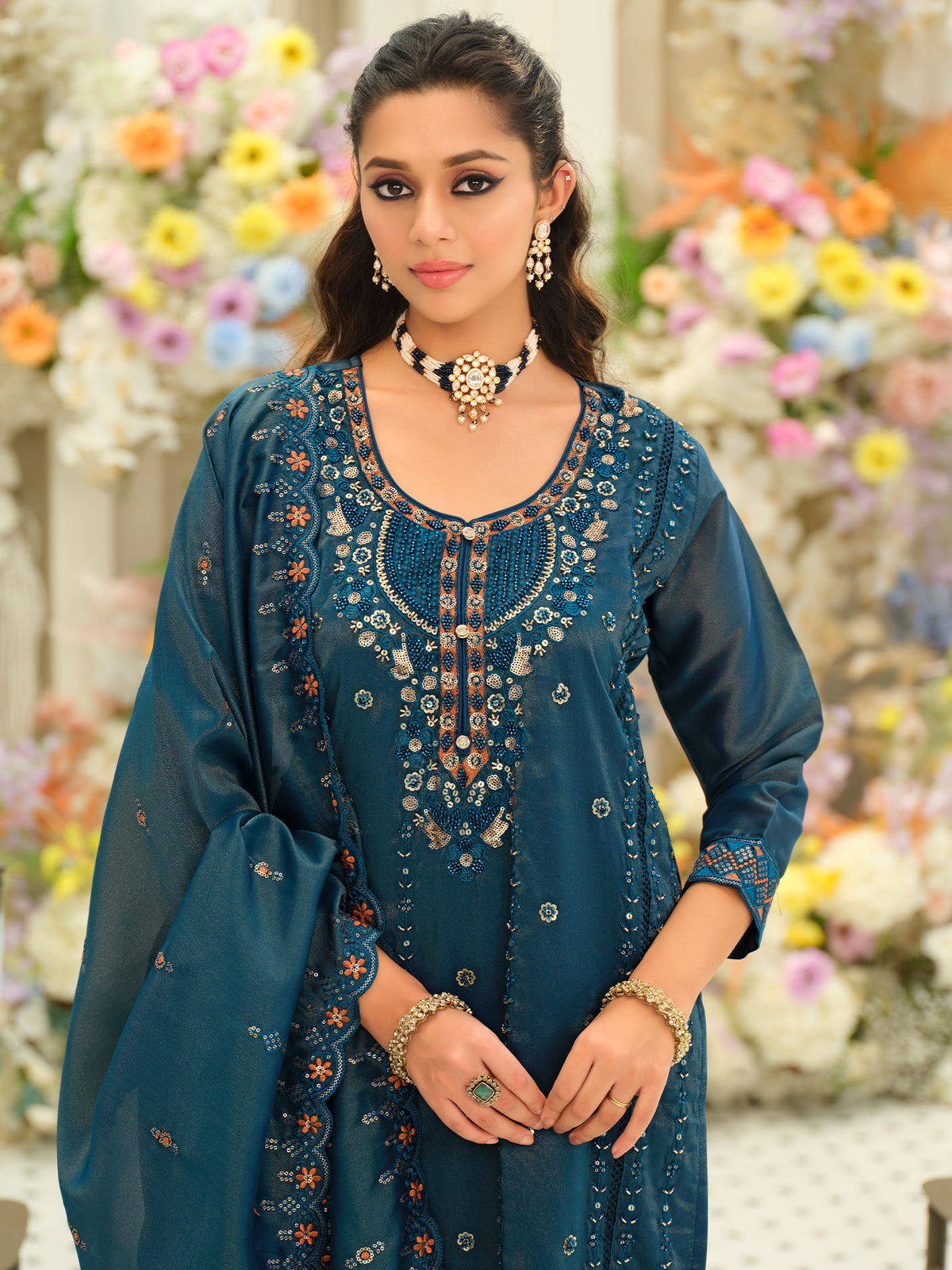 Teal Embroidered Straight Kurta Trousers With Dupatta Set