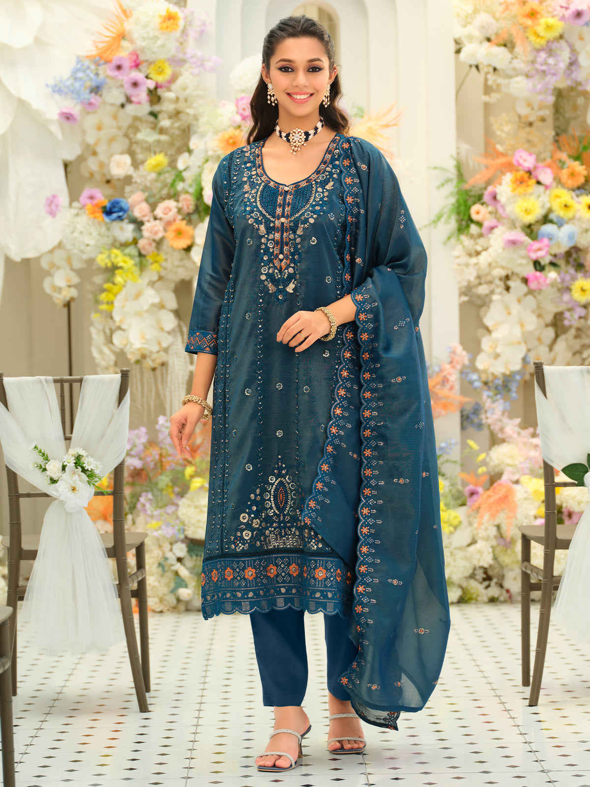 Teal Embroidered Straight Kurta Trousers With Dupatta Set