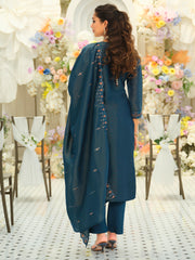 Teal Embroidered Straight Kurta Trousers With Dupatta Set