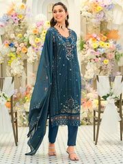 Teal Embroidered Straight Kurta Trousers With Dupatta Set