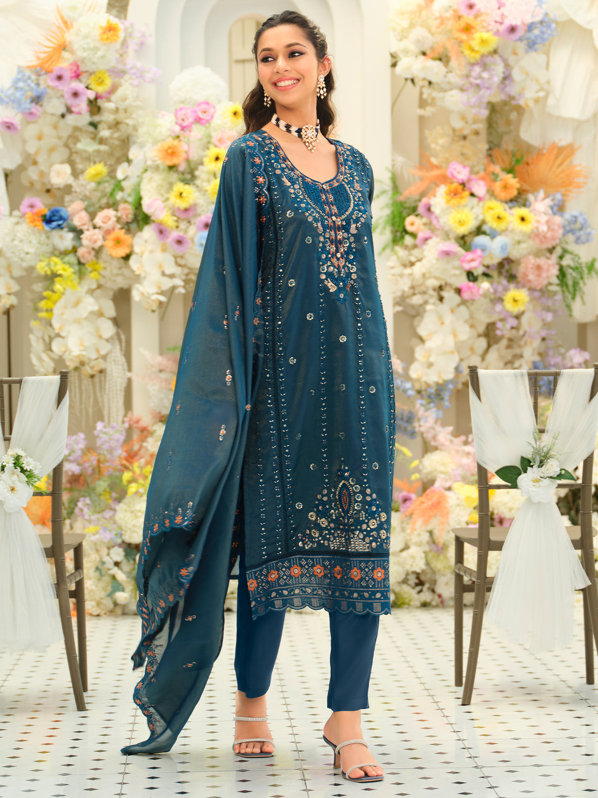 Teal Embroidered Straight Kurta Trousers With Dupatta Set