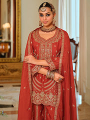 Rust Embroidered Straight Kurta Palazzos With Dupatta Set