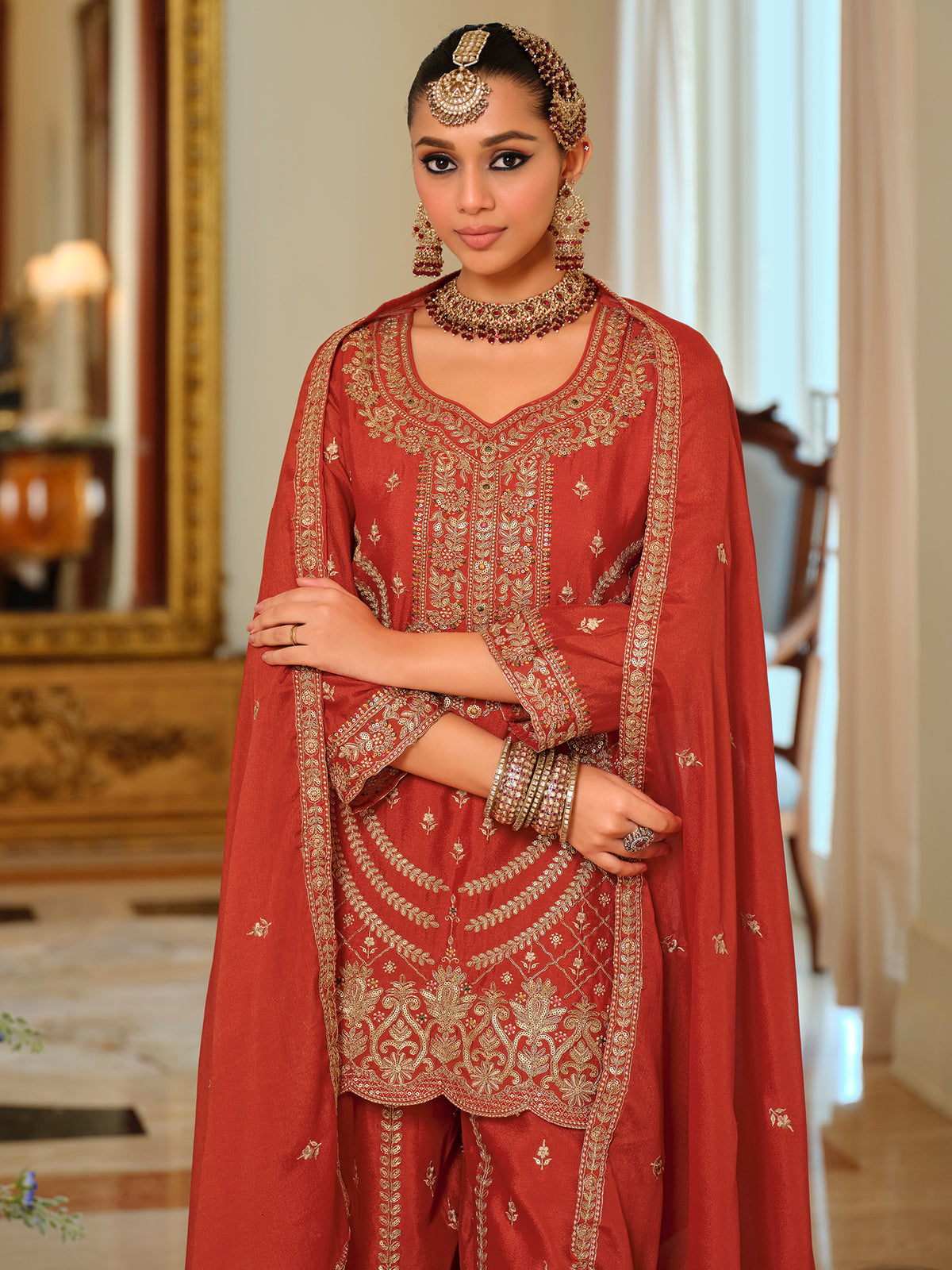 Rust Embroidered Straight Kurta Palazzos With Dupatta Set